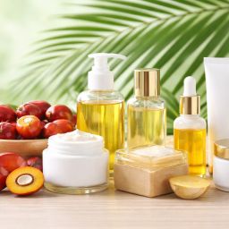 Produk kosmetik berbahan kelapa sawit seperti serum, krim, dan sabun dengan latar hijau alami