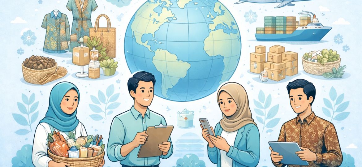 Ilustrasi produk UMKM seperti fashion, kerajinan, dan makanan yang dipasarkan ke pasar ekspor global