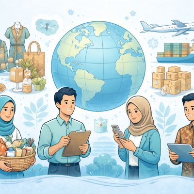 Ilustrasi produk UMKM seperti fashion, kerajinan, dan makanan yang dipasarkan ke pasar ekspor global