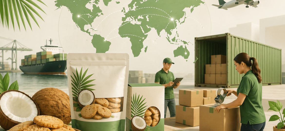 Ekspor biskuit kelapa Indonesia ke pasar global dengan produk snack kemasan dan distribusi logistik internasional