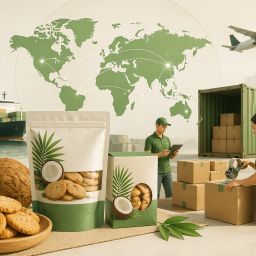 Ekspor biskuit kelapa Indonesia ke pasar global dengan produk snack kemasan dan distribusi logistik internasional