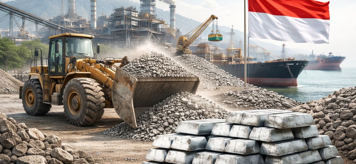 Aktivitas ekspor nikel Indonesia dengan alat berat, smelter, dan kapal pengangkut di pelabuhan