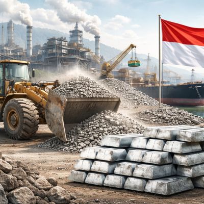 Aktivitas ekspor nikel Indonesia dengan alat berat, smelter, dan kapal pengangkut di pelabuhan