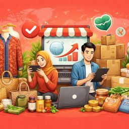Ilustrasi UMKM Indonesia melakukan ekspor online dengan produk lokal seperti fashion, kerajinan, dan makanan untuk pasar global