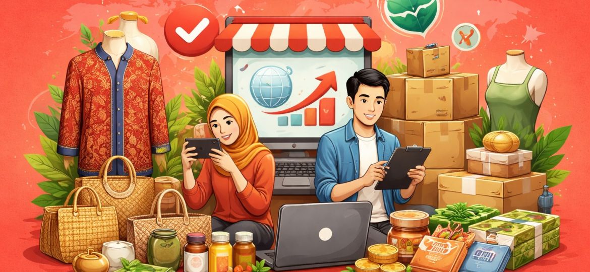 Ilustrasi UMKM Indonesia melakukan ekspor online dengan produk lokal seperti fashion, kerajinan, dan makanan untuk pasar global