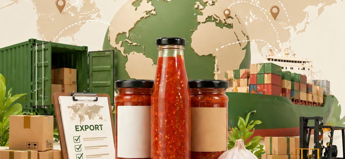 Ilustrasi ekspor sambal botolan Indonesia dengan konsep perdagangan global dan distribusi produk pangan ke berbagai negara