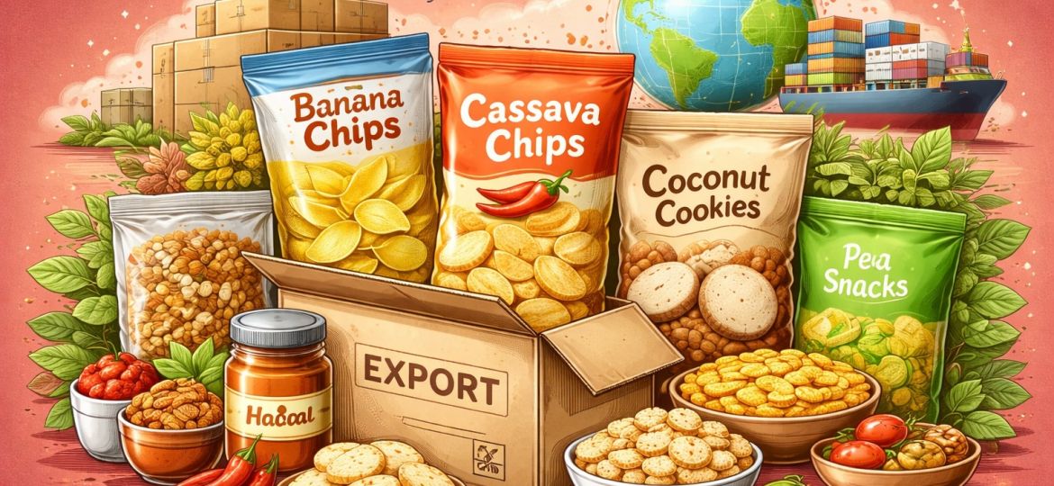 Ilustrasi berbagai snack kemasan untuk ekspor dengan konsep pengiriman internasional dan logistik global