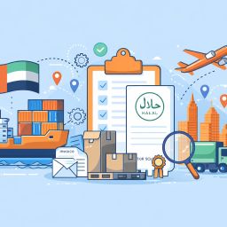 Ilustrasi ekspor ke UAE dengan elemen logistik, dokumen ekspor, dan sertifikasi halal