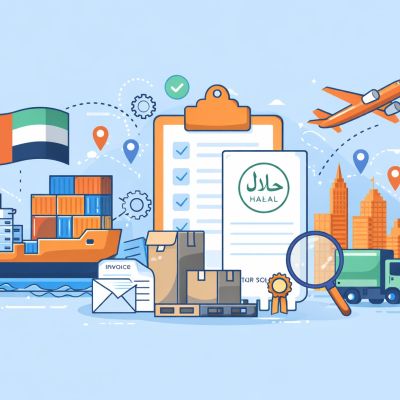 Ilustrasi ekspor ke UAE dengan elemen logistik, dokumen ekspor, dan sertifikasi halal