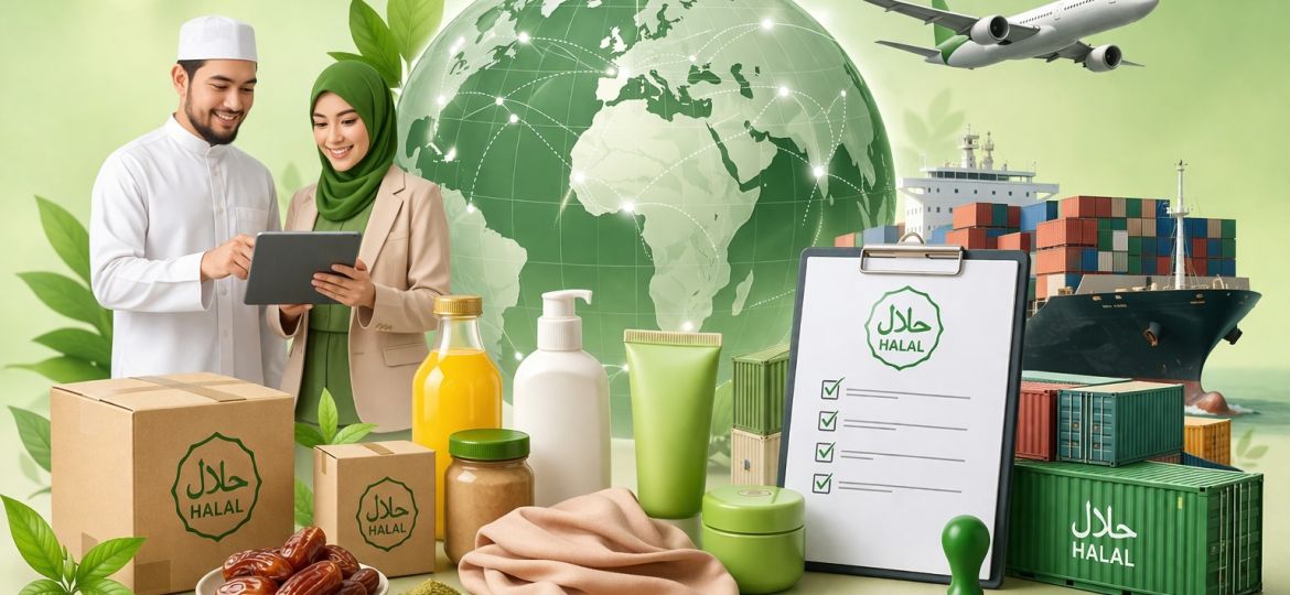 ilustrasi industri halal dan ekspor global dengan produk halal, sertifikasi, dan distribusi internasional