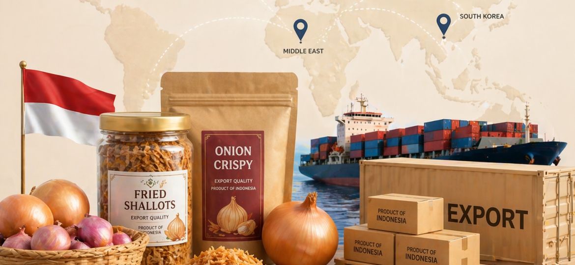 Ilustrasi produk olahan bawang seperti bawang goreng untuk ekspor dengan konsep perdagangan internasional dan logistik global