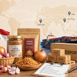 Ilustrasi produk olahan bawang seperti bawang goreng untuk ekspor dengan konsep perdagangan internasional dan logistik global
