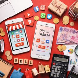 Ilustrasi UMKM digital dengan strategi penjualan online menggunakan smartphone, marketplace, dan media sosial