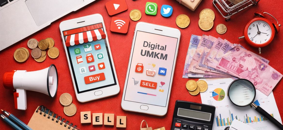 Ilustrasi UMKM digital dengan strategi penjualan online menggunakan smartphone, marketplace, dan media sosial