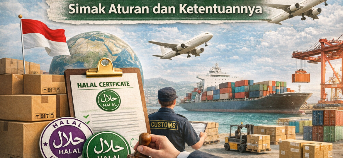 Ilustrasi proses ekspor barang dengan sertifikasi halal dan distribusi internasional