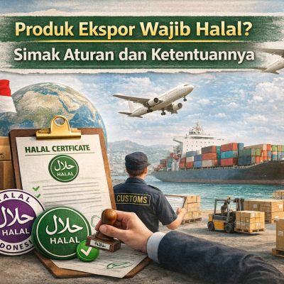 Ilustrasi proses ekspor barang dengan sertifikasi halal dan distribusi internasional