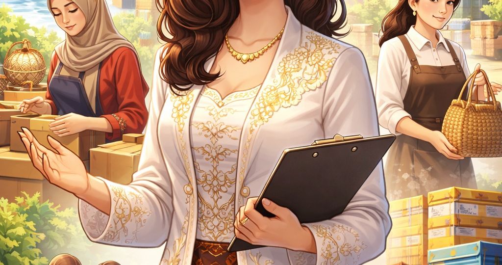Ilustrasi perempuan Indonesia dengan kebaya modern sebagai simbol Kartini ekspor yang mendorong UMKM go global melalui perdagangan internasional