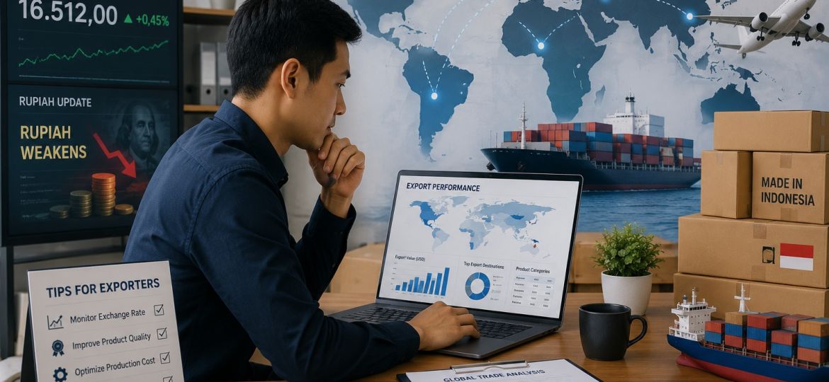 Pelaku ekspor Indonesia memantau pergerakan nilai tukar dolar dan aktivitas perdagangan internasional melalui sistem digital