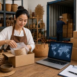 Pelaku UMKM menyiapkan produk kerajinan lokal untuk ekspor internasional melalui marketplace dan perdagangan digital