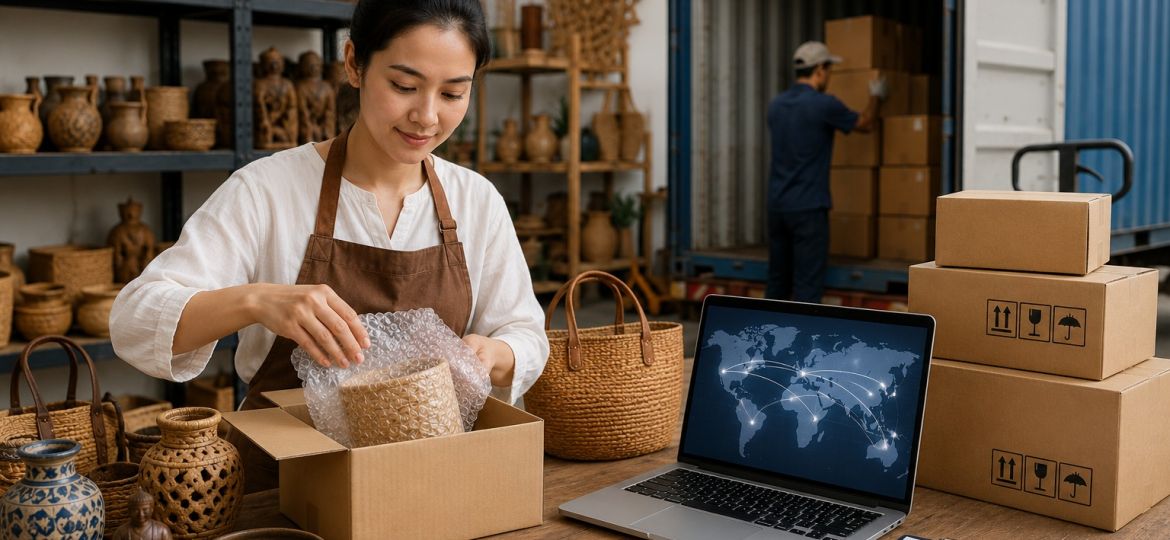 Pelaku UMKM menyiapkan produk kerajinan lokal untuk ekspor internasional melalui marketplace dan perdagangan digital