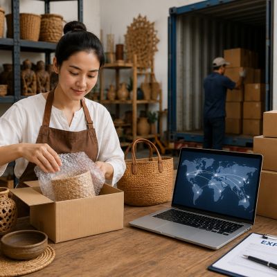 Pelaku UMKM menyiapkan produk kerajinan lokal untuk ekspor internasional melalui marketplace dan perdagangan digital