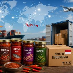Produk sambal instan Indonesia dipersiapkan untuk ekspor internasional melalui distribusi logistik dan perdagangan digital global