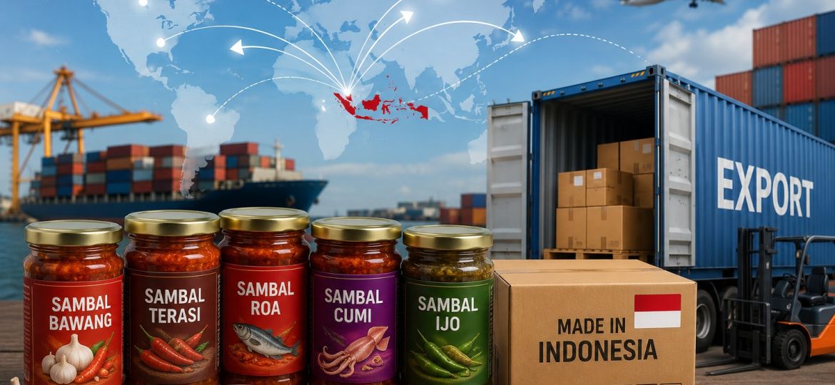 Produk sambal instan Indonesia dipersiapkan untuk ekspor internasional melalui distribusi logistik dan perdagangan digital global
