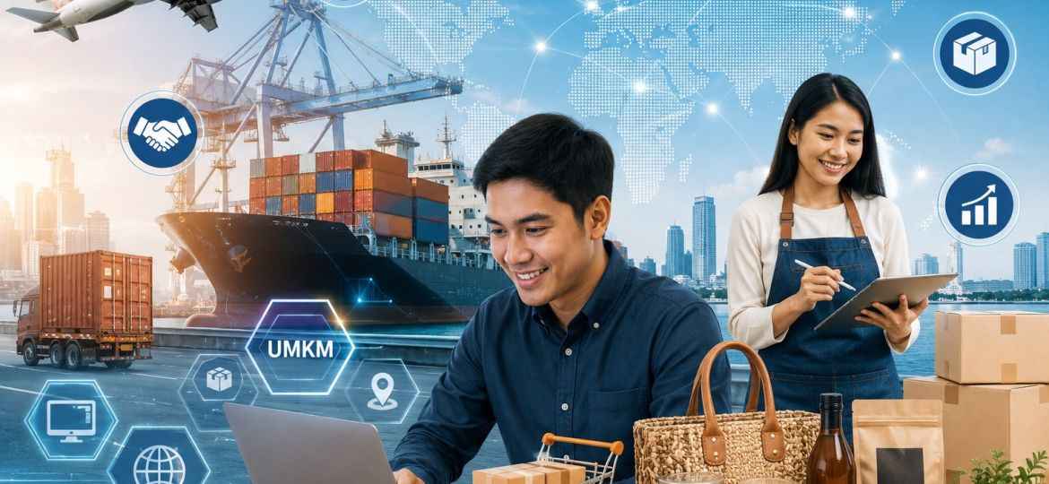 Pelaku UMKM menggunakan marketplace digital untuk mendukung ekspor produk ke pasar global melalui strategi bisnis modern