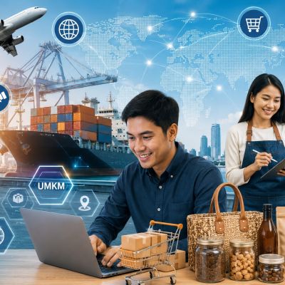 Pelaku UMKM menggunakan marketplace digital untuk mendukung ekspor produk ke pasar global melalui strategi bisnis modern