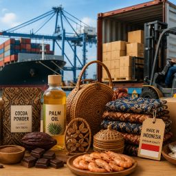Berbagai produk lokal Indonesia seperti kopi, kakao, tekstil, hasil laut, dan kerajinan ditampilkan di area pelabuhan ekspor internasional
