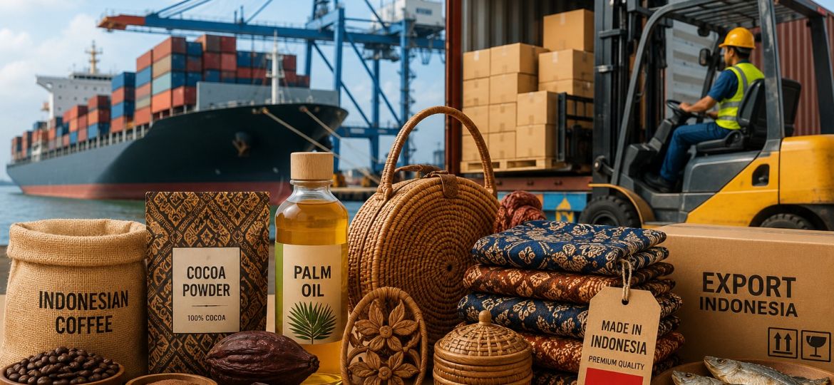 Berbagai produk lokal Indonesia seperti kopi, kakao, tekstil, hasil laut, dan kerajinan ditampilkan di area pelabuhan ekspor internasional