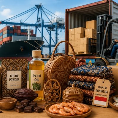 Berbagai produk lokal Indonesia seperti kopi, kakao, tekstil, hasil laut, dan kerajinan ditampilkan di area pelabuhan ekspor internasional