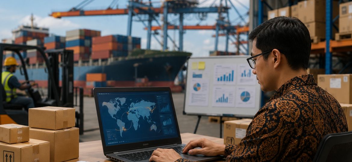 Pelaku UMKM mengelola aktivitas ekspor digital di area logistik dan pelabuhan untuk menghadapi persaingan pasar global