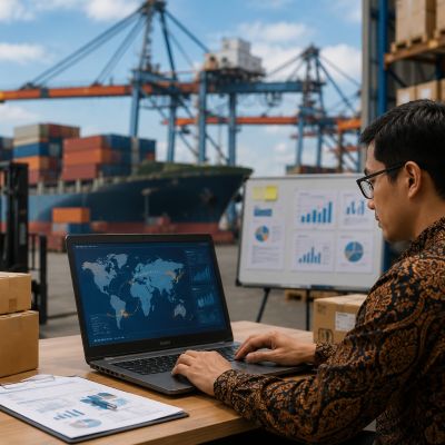 Pelaku UMKM mengelola aktivitas ekspor digital di area logistik dan pelabuhan untuk menghadapi persaingan pasar global